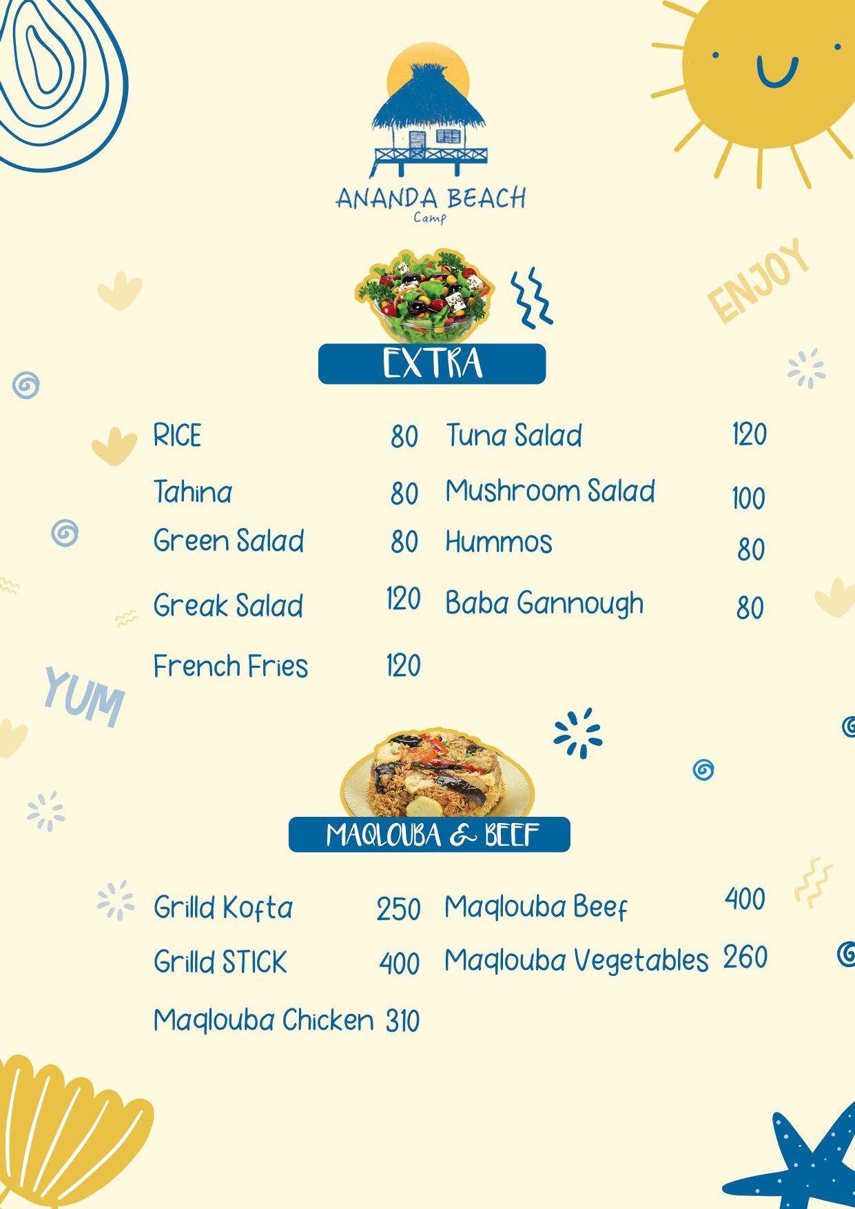 Ananda Beach Menu